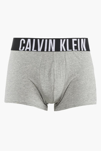 Boxer short gris de Calvin Klein avec une ceinture noire et le logo de la marque en blanc.