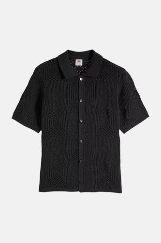 Zwart gebreid korte mouwen overhemd van Levi's® met geometrisch patroon en knoopsluiting, front view