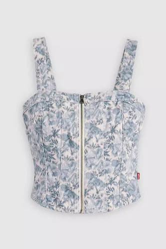 Blouse en denim bleu clair sans manches de Levi's avec imprimé fleuri et fermeture éclair à l'avant.