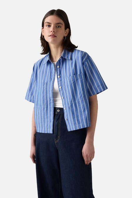 Chemise rayée bleue de Levi's® à manches courtes, vue de l'arrière, portée avec des jeans foncés.