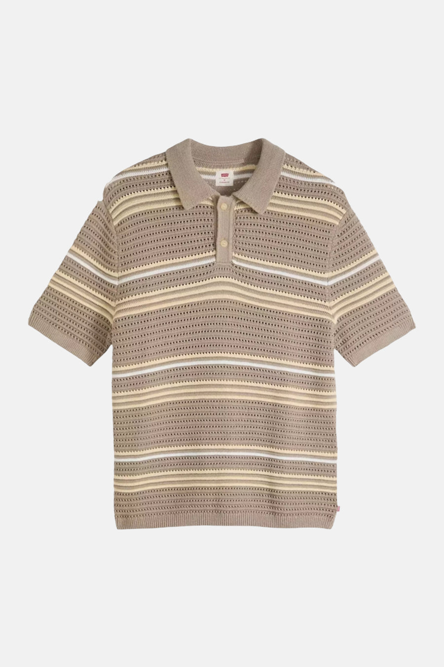 Polo beige Levi's® avec un tricot ajouré et des rayures horizontales crème et blanc.