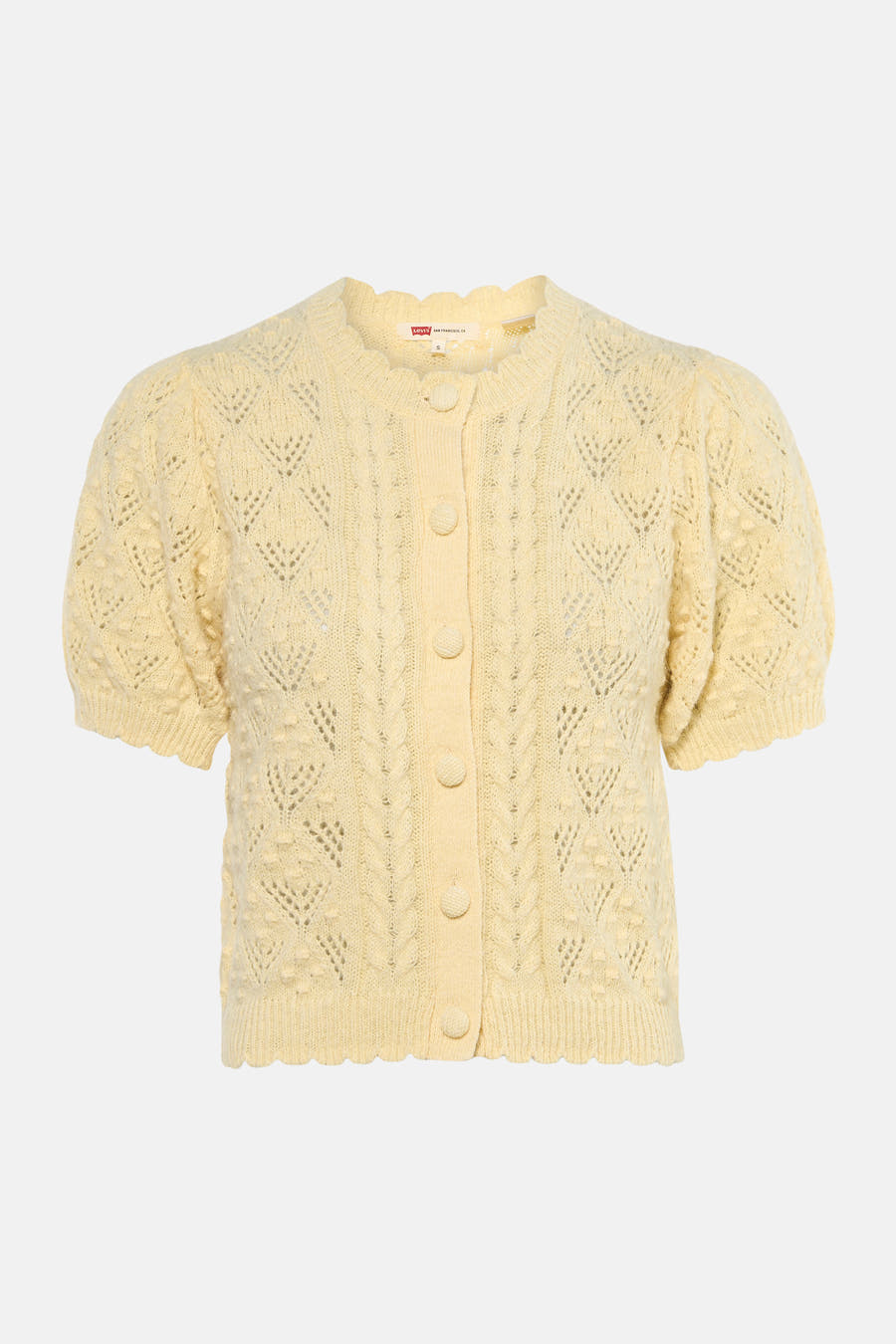 Geel vest van Levi's®, met korte mouwen, gebreid met kabelpatroon en knoopsluiting.
