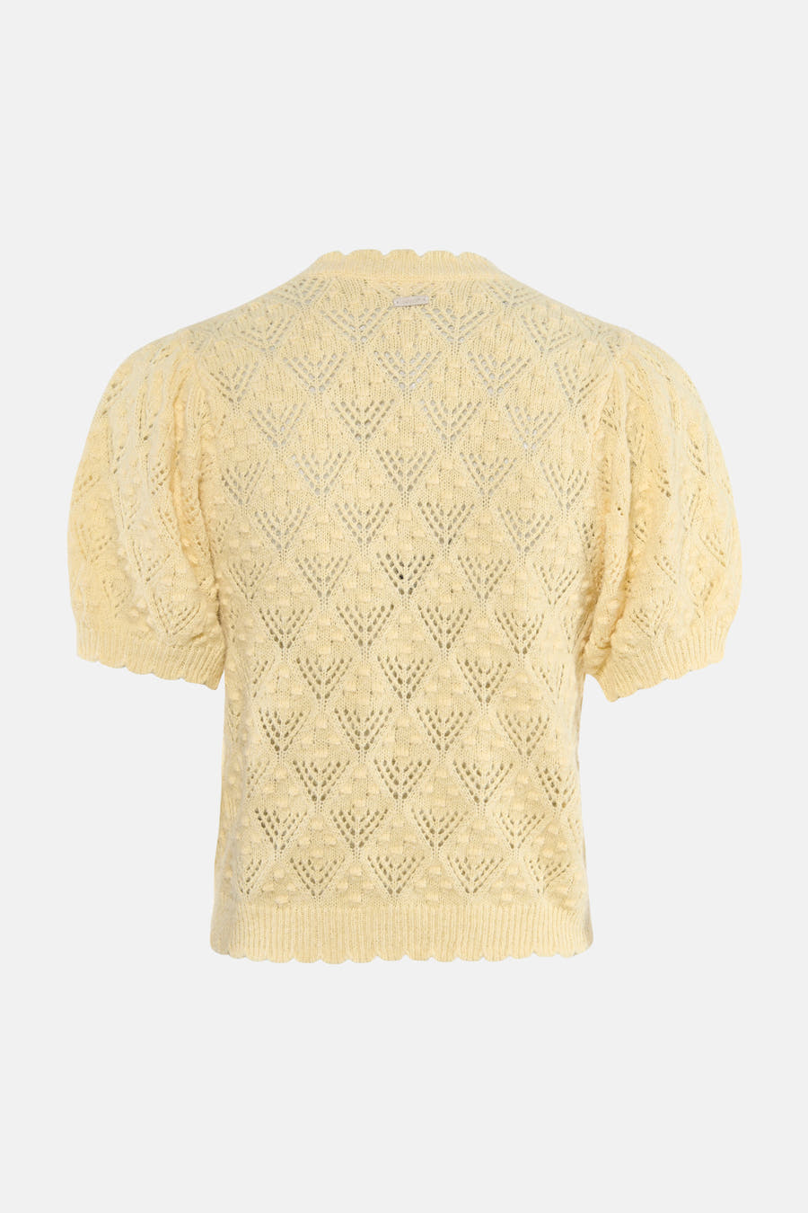 Gele gilet van Levi's®, met ajourpatroon en pofmouwen.
