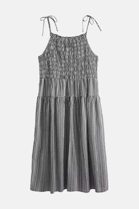 Robe longue noire et blanche Levi's® à carreaux vichy, corsage smocké et bretelles à nouer.