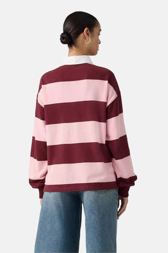 Multicolor sweater van Levi's®, met lange mouwen en roze en bordeauxrode strepen, achterkant.
