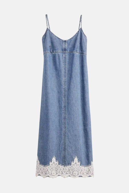 Lichtblauw denimkleedje zonder mouwen van Levi's® met wit kant aan de zoom, spaghetti bands en voorzijde rits, front view