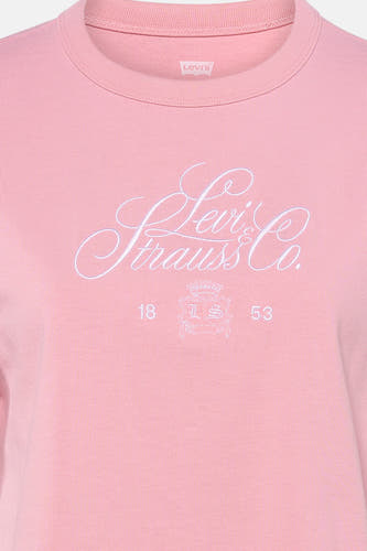 T-shirt rose à manches courtes de Levi's, avec le logo et l'année de fondation de Levi Strauss & Co. en blanc.