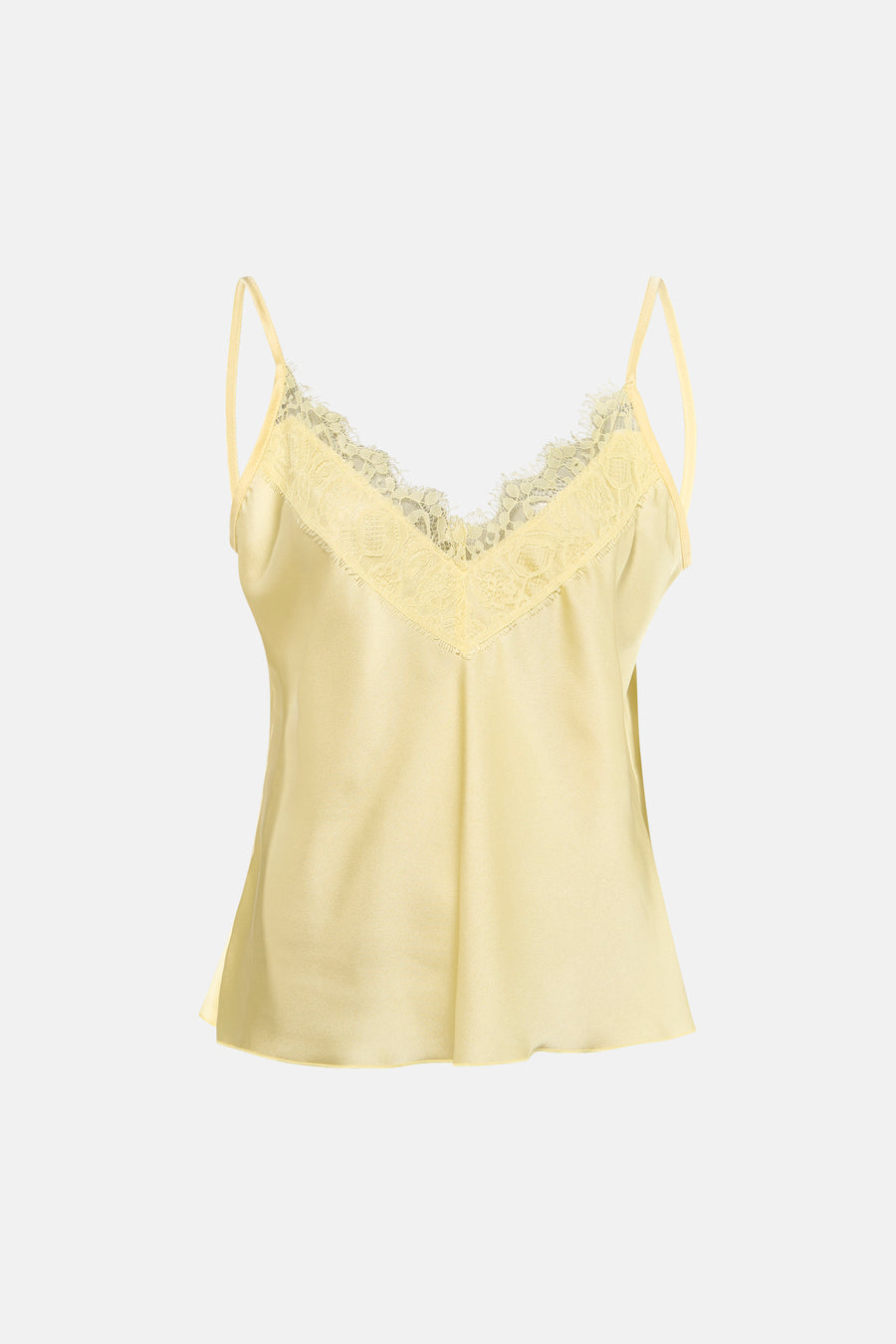 Haut en satin jaune de Terra di Siena avec bordure en dentelle et fines bretelles spaghetti, gros plan.