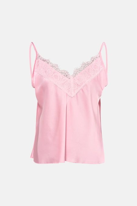 Haut rose Terra di Siena aspect satiné avec col en V en dentelle et fines bretelles.