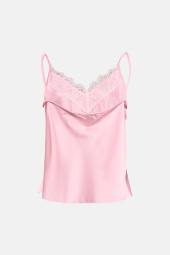 Débardeur en satin rose de Terra di Siena avec col en V en dentelle et fines bretelles.