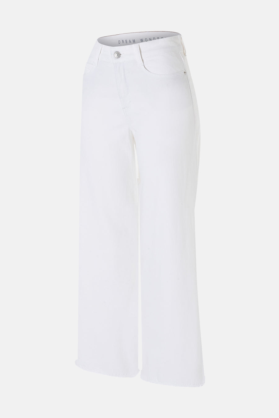 Wijd model jeans van off white denim van MAC, met gerafelde zoom.
