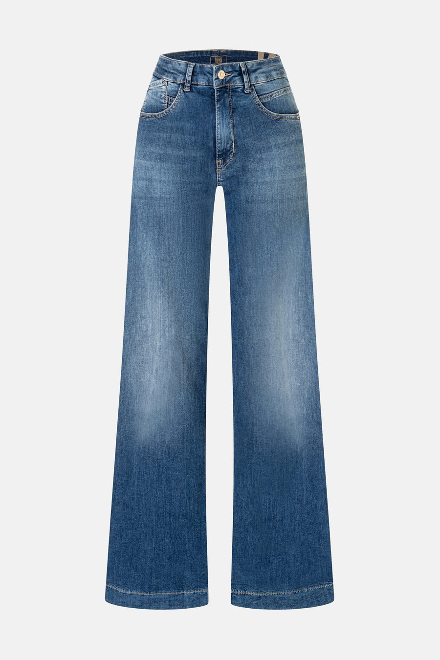 Jean décontracté en denim bleu moyen de MAC, avec des poches qui s'étendent et un léger lavage.
