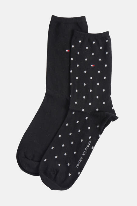 Chaussettes noires de TOMMY JEANS, une paire lisse et une paire à carreaux avec le logo de la marque.