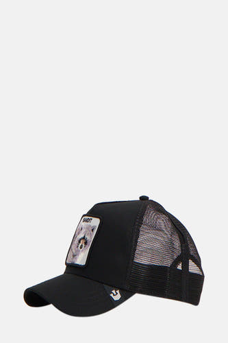 Chapeau noir de GOORIN avec patch d'animal à l'avant et mesh à l'arrière.