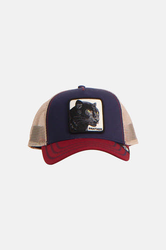 Casquette Goorin bleue et rouge avec filet à l'arrière et patch panthère.