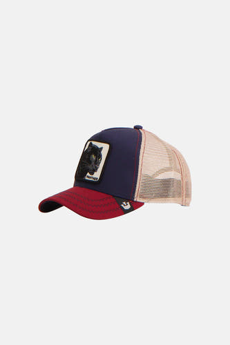 Casquette bleue Goorin Bros. avec une visière rouge et une image de panthère noire.