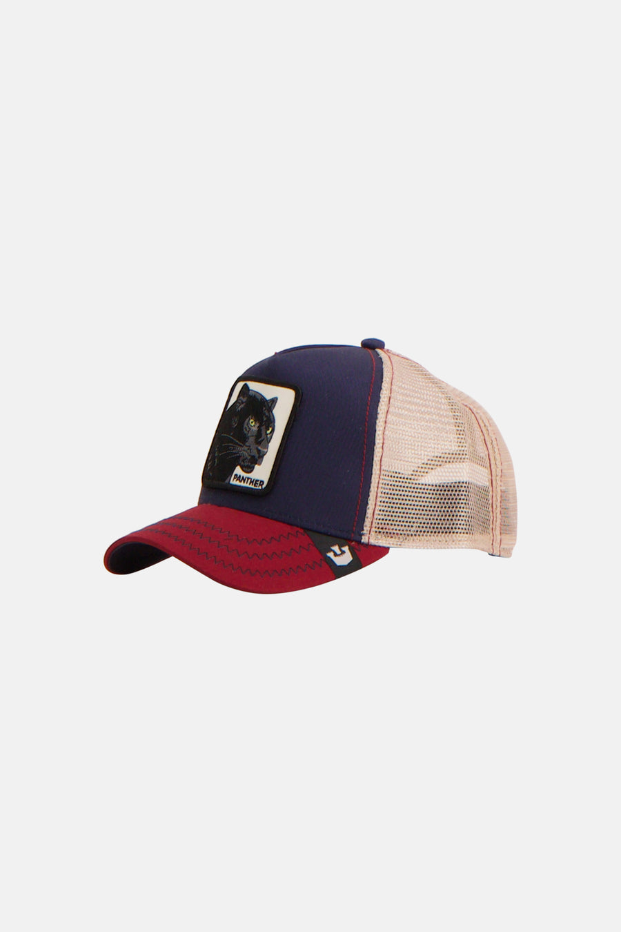 Casquette bleue Goorin Bros. avec une visière rouge et une image de panthère noire.