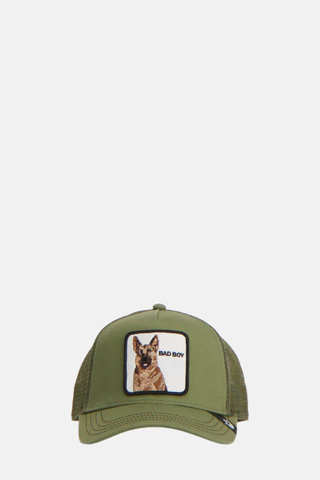 Casquette verte de GOORIN avec l'arrière en mesh et un patch avec un chien dessus.