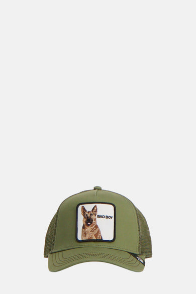 Casquette verte de GOORIN avec l'arrière en mesh et un patch avec un chien dessus.