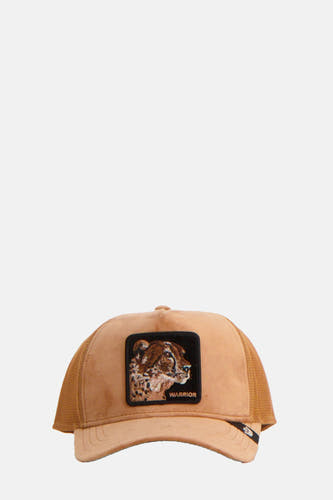 Tête de mort de GOORIN avec un patch cheetah brodé 'Warrior' à l'avant.