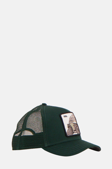 Casque vert de GOORIN, avec un filet à l'arrière et une image d'une tortue.