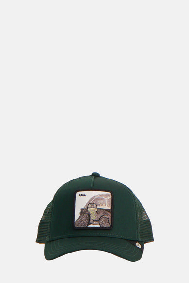 Chapeau vert de Goorin avec une patch carrée d'une tortue.