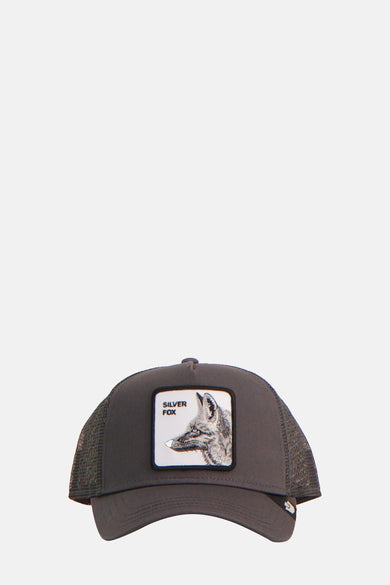 Chapeau gris de GOORIN avec patch 'Silver Fox' à l'avant et mesh à l'arrière.