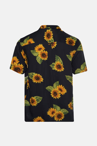 Zwart hemd met korte mouwen van BEN SHERMAN, met zonnebloemmotief.
