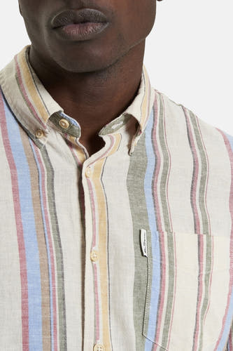 Chemise multicolore à longues manches de Ben Sherman, avec un motif rayé et une fermeture à boutons, gros plan.