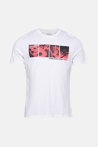 T-shirt blanc à manches courtes de Ben Sherman, avec une impression graphique de guitares et de réparations.