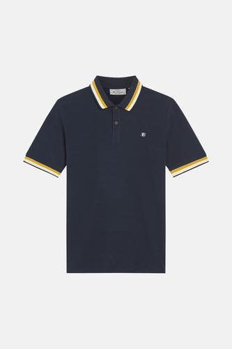 Polo bleu à manches courtes de BEN SHERMAN, avec une encolure et des manches rayées, et un petit logo.