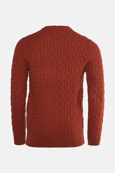 Pull orange avec col rond de BEN SHERMAN, avec un motif côtelé et des manches longues, vu par derrière.