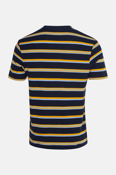 T-shirt multicolore à manches courtes de BEN SHERMAN, avec un motif rayé en bleu, blanc et or.
