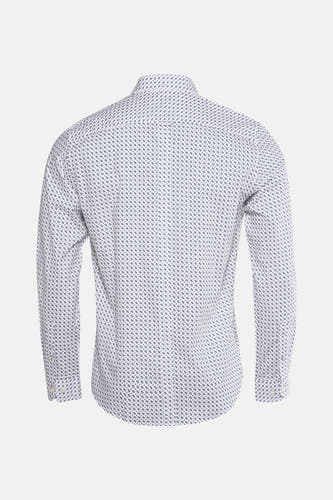 Chemise blanche à manches longues de BEN SHERMAN, avec un fin motif géométrique bleu, vue arrière.