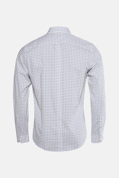 Chemise blanche à manches longues de BEN SHERMAN, avec un fin motif géométrique bleu, vue arrière.