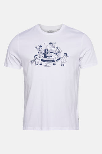 T-shirt blanc à manches courtes de Ben Sherman, avec un dessin animé bleu avec des personnages.