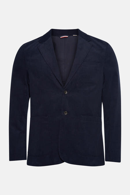 Blazer bleu de BEN SHERMAN, avec texture en velours côtelé et deux boutons.