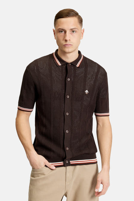 Chemise marron à manches courtes de Ben Sherman, avec une texture côtelée et des détails rayés.