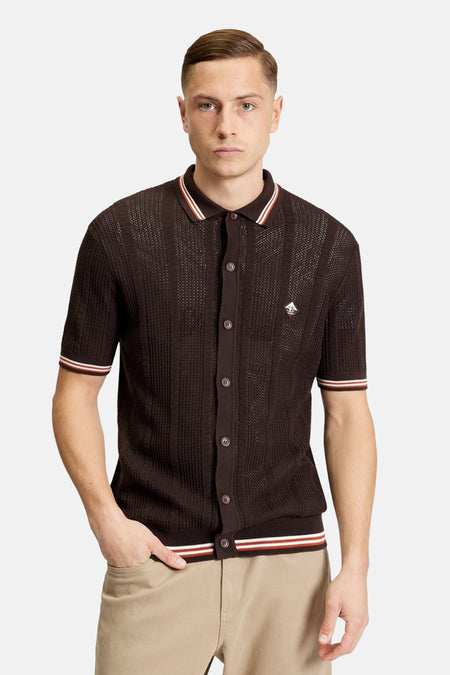 Bruin overhemd met korte mouwen van Ben Sherman, voorzien van een streepmotief op de kraag en mouwen.