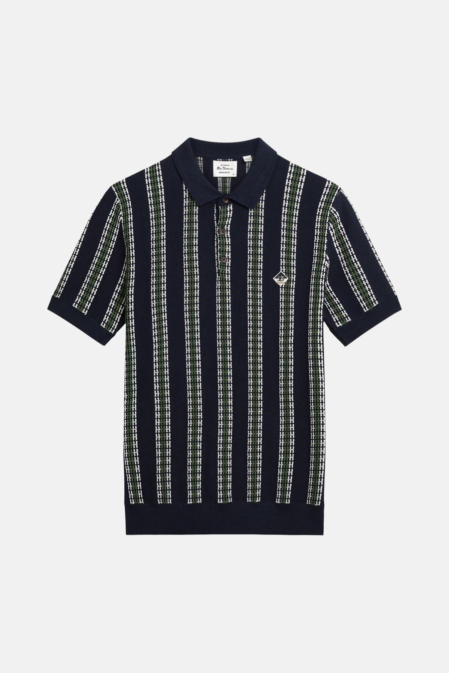 Polo bleu Ben Sherman à rayures verticales blanches et vertes.