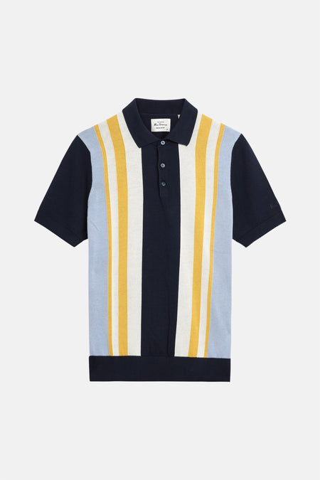 Polo multicolore de BEN SHERMAN, avec des rayures verticales bleues, blanches et jaunes.