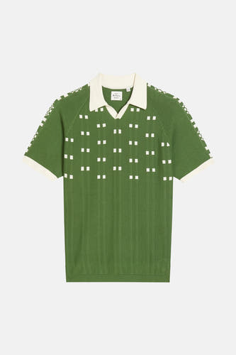 Polo verte BEN SHERMAN de couleur verte à manches courtes, avec une texture côtelée et un motif à carreaux blancs.