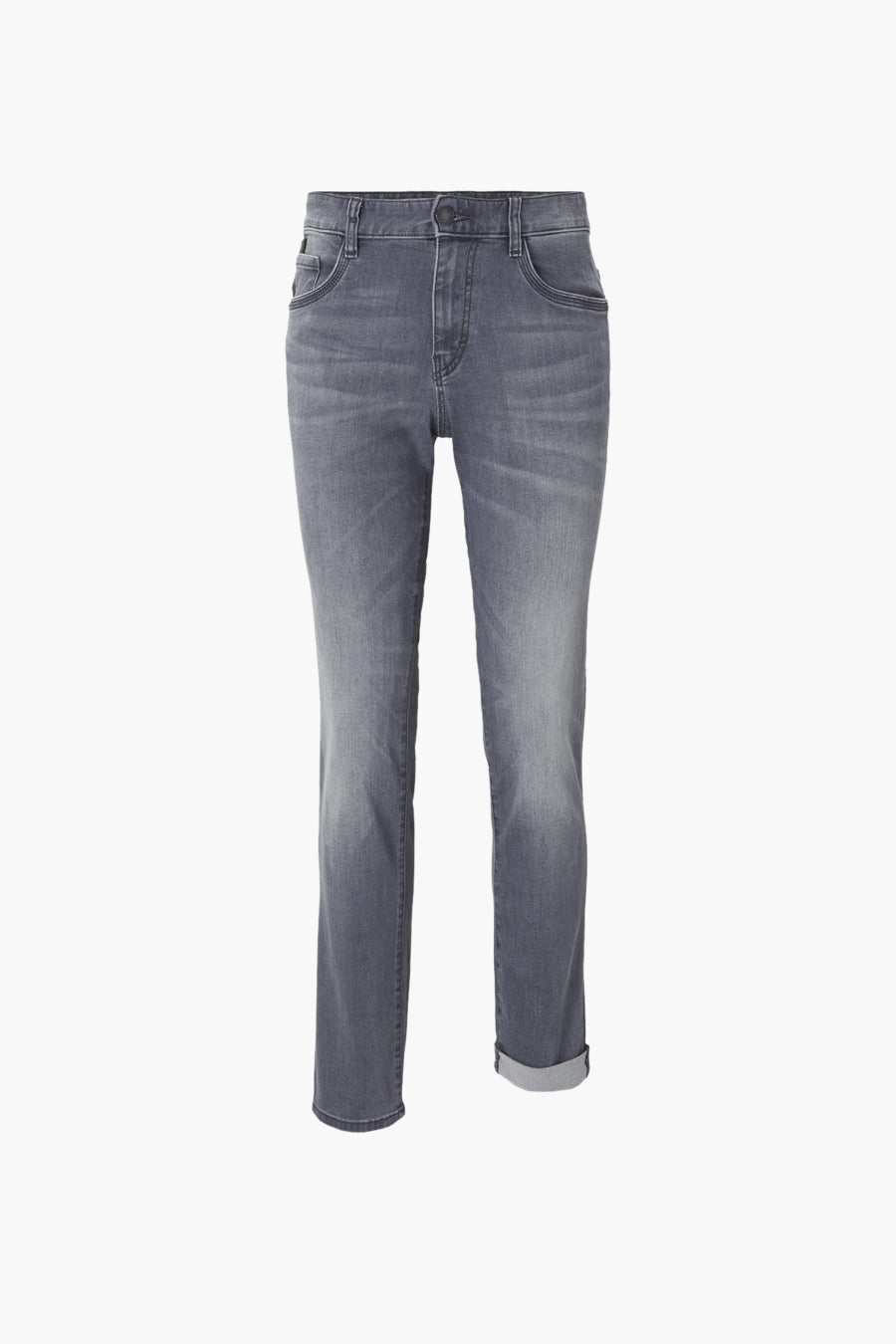 Grijze damesjeans met opgerolde pijpen.