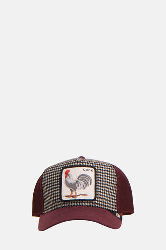 Bordeaux chapeau de Goorin Bros. avec un motif de lunettes à l'avant et une patch avec un coq.
