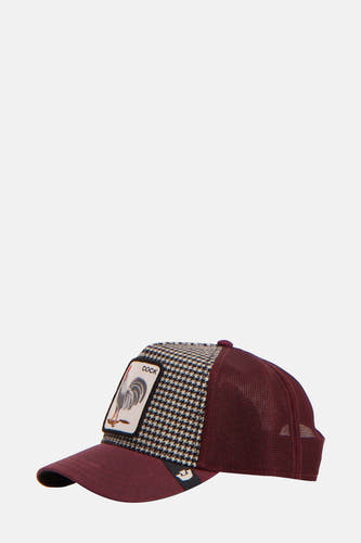 Bordeaux chapeau de Goorin, avec un motif à carreaux et une image d'un coq.