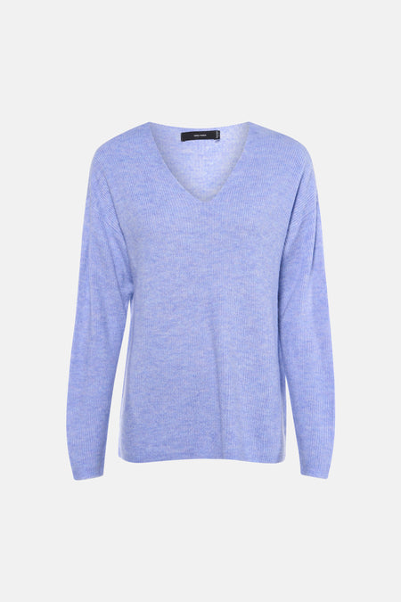Blauwe V-hals trui van Vero Moda, met lange mouwen en een fijngebreide textuur.