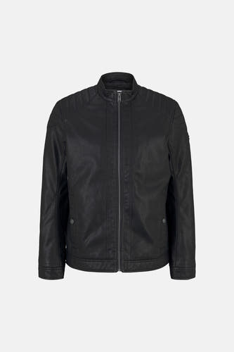 Veste en similicuir noire de TOM TAILOR, vue de face avec fermeture éclair et panneaux aux épaules, texture lisse