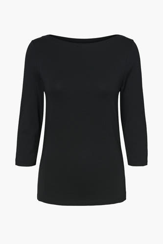 Zwart T-shirt met lange mouwen van Vero Moda, effen ribgebreide textuur met een boothals.