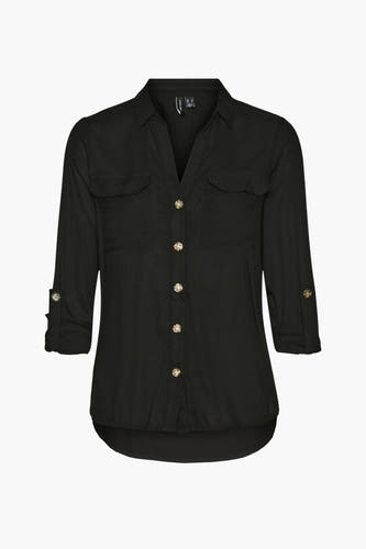 Chemise noire à manches longues de VERO MODA, avec détails de boutons et poches de poitrine.