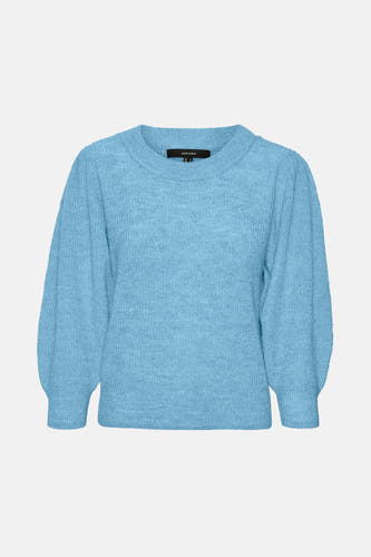 Blauwe trui met ronde hals van VERO MODA, gebreide textuur en lange pofmouwen.
